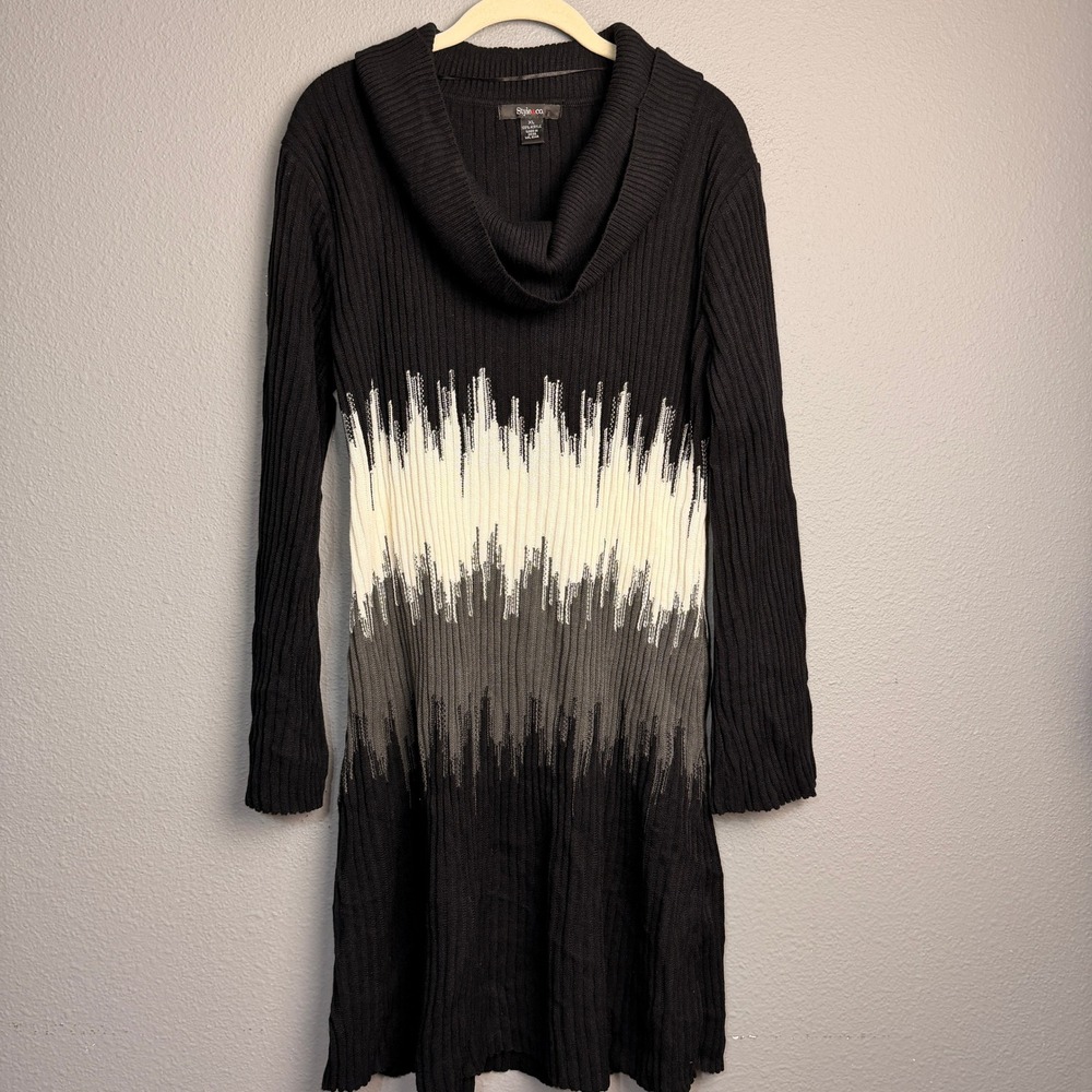 Style & Co Black White Stripe Cowl Neck Ribbed Knit Sweater Dress Whimsigoth XL